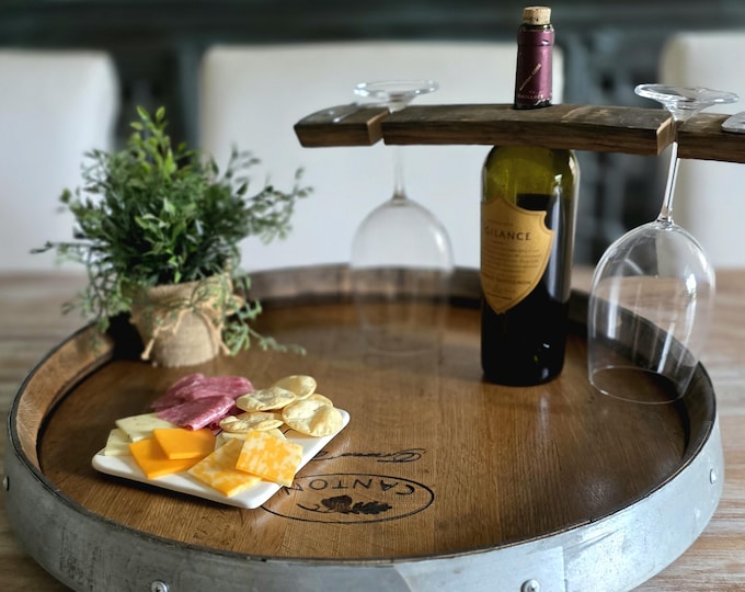 Handcrafted Wine Barrel Lazy Susan - Made From Authentic Reclaimed Oak Wine Barrels ----- With Cooperage Stamp