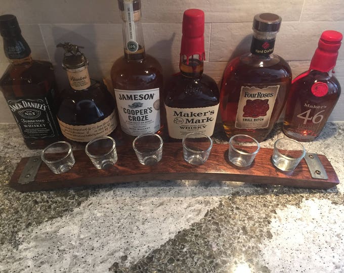 Shot Glass Flight Tray Made From Reclaimed Whiskey Bourbon Barrel Staves - with 6 shot glasses.