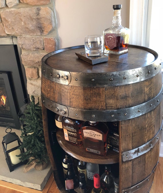 Whiskey Barrel Liquor Cabinet Handcrafted From A Reclaimed Etsy