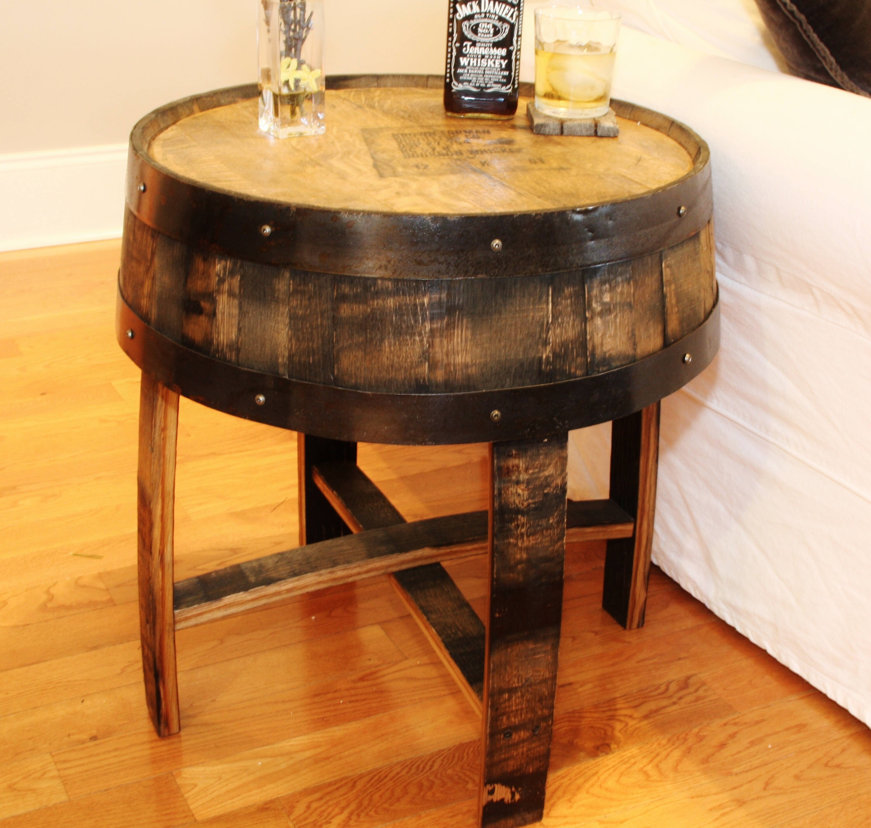 Handcrafted Oak Bourbon Whiskey Barrel End Table With Distiller's