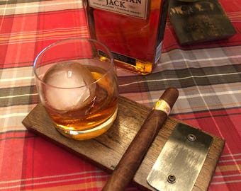 Handcrafted Whiskey Barrel Cigar and Rocks Glass Holder / Tray - Includes 9 Ounce Rocks Glass