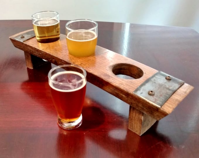 Beer Flight Tray Made From Reclaimed Whiskey Barrel Stave ~ 3 Glass