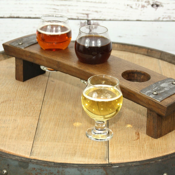 Bandeja de vuelo de cerveza hecha de pentagrama de barril de whisky recuperado ~ 3 copas de degustación belgas incluidas