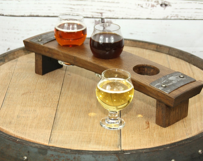 Beer Flight Tray Made From Reclaimed Whiskey Barrel Stave ~ 3 Belgian Tasting Glass Included