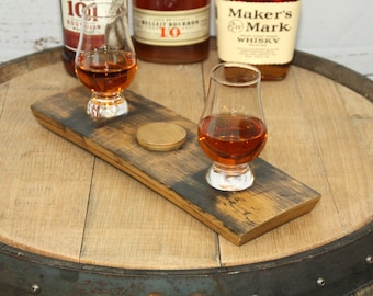 Bung Stave Whiskey Flight Tray, Bourbon Flight Tray With Pair Of Glencairn Whiskey Glasses - Made From A Reclaimed Barrel Stave