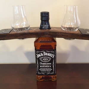 Whiskey Bourbon Barrel Stave Bottle Caddy With Glencairn Glasses image 1