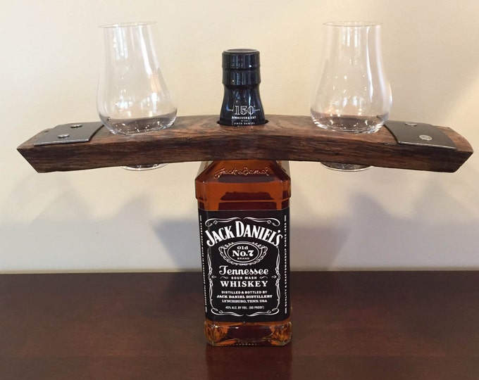 Whiskey Bourbon Barrel Stave Bottle Caddy With Glencairn Glasses