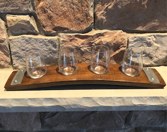 Wine Flight Tray Made From Reclaimed Wine Barrel Stave - Includes 4 Wine Tasting Glasses
