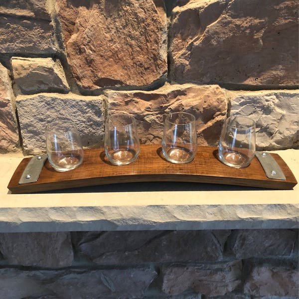 Wine Flight Tray Made From Reclaimed Wine Barrel Stave - Includes 4 Wine Tasting Glasses