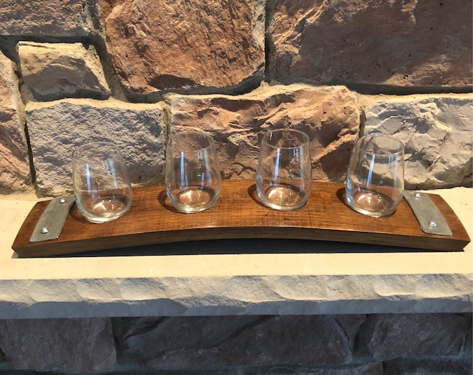 Wine Flight Tray Made From Reclaimed Wine Barrel Stave - Includes 4 Wine Tasting Glasses