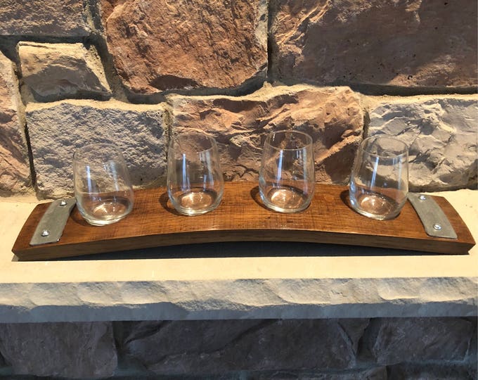 Wine Flight Tray Made From Reclaimed Wine Barrel Stave - Includes 4 Wine Tasting Glasses