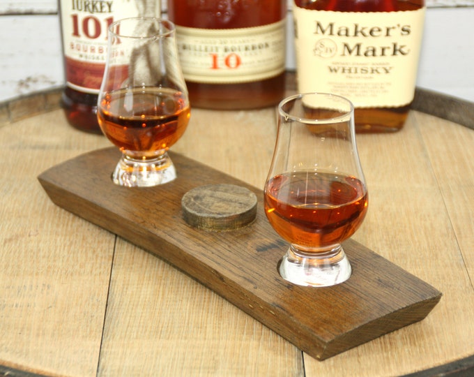 Bung Stave Whiskey Flight Tray, Bourbon Flight Tray With Pair Of Glencairn Whiskey Glasses - Made From A Reclaimed Barrel Stave