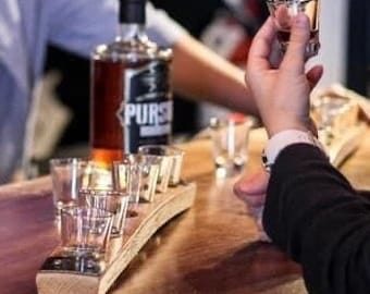 Shot Glass Flight Tray Made From Reclaimed Whiskey Bourbon Barrel Staves- with 5 shot glasses