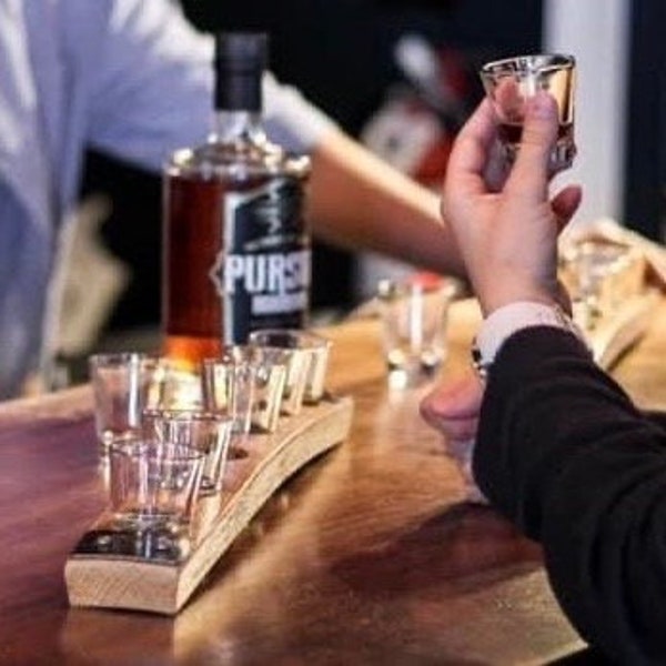 Shot Glass Flight Tray Made From Reclaimed Whiskey Bourbon Barrel Staves- with 5 shot glasses