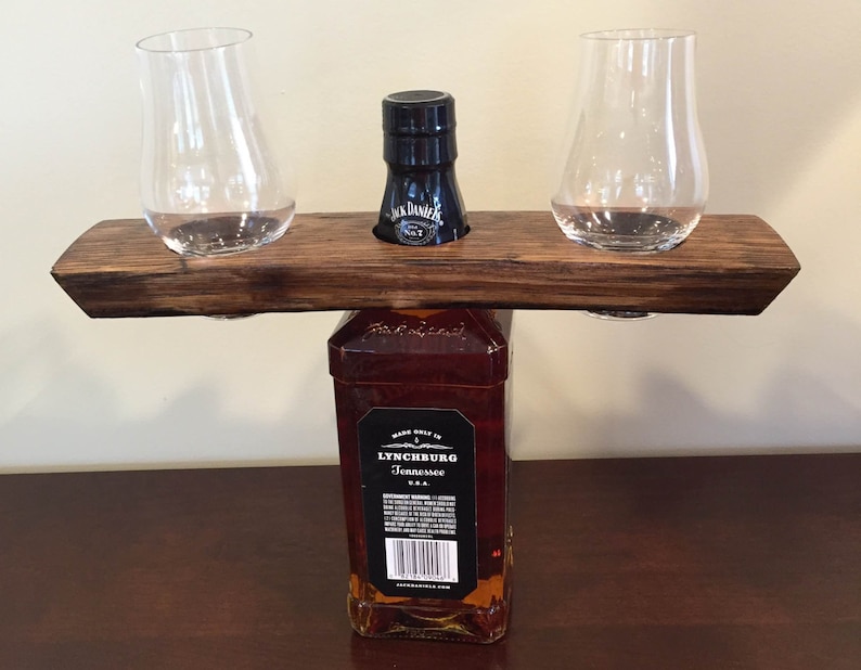 Whiskey Bourbon Barrel Stave Bottle Caddy With Glencairn Glasses image 2