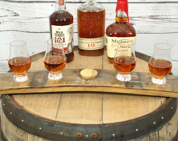 Bung Stave Whiskey Flight Tray For Four Glencairn Whiskey Glasses - Made From A Reclaimed Bourbon / Whiskey Barrel Stave