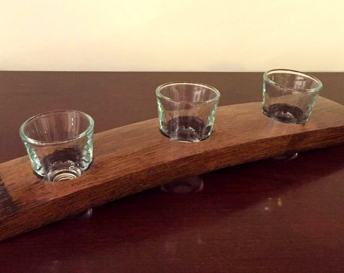 Shot Glass Flight Tray Made From Reclaimed Whiskey Bourbon Barrel Staves