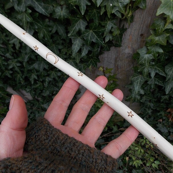 Willow wand from Avalon with stars and crescent moon for traditional witchcraft, wicca and druids.