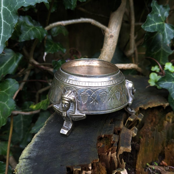 Antique silver plated cauldron with Ancient Egyptian motifs.