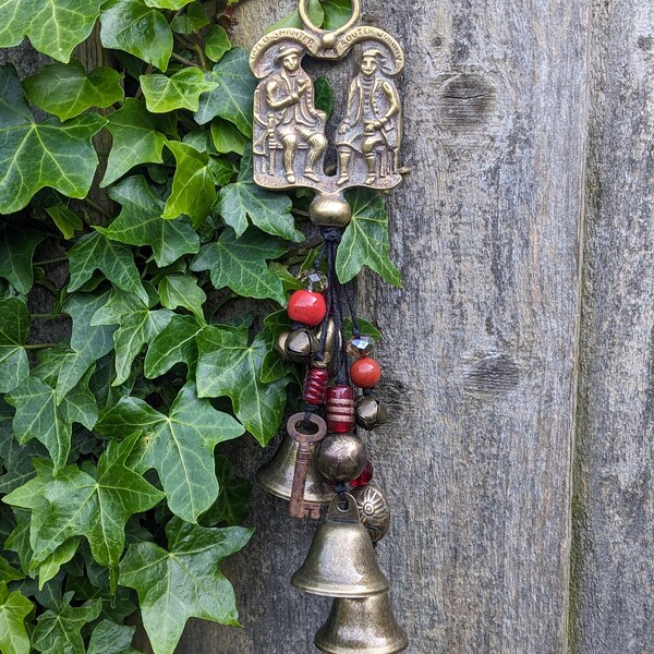 Witch bells with antique brass characters from scottish folklore, home protection amulet for wicca and traditional witchcraft