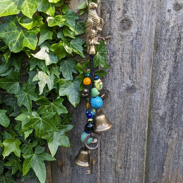 Witch bells with antique brass parrot, home protection amulet for wicca and traditional witchcraft