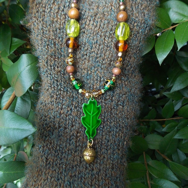 Oak leaf and acorn charm necklace with brass charms and vintage beads.