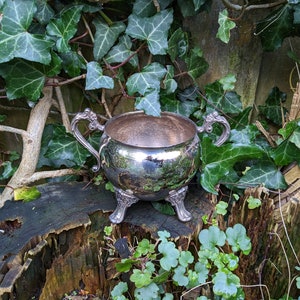 Vintage silver plated cauldron for pagan altar, traditional witchcraft, wicca and druid.