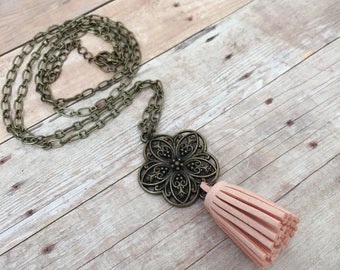 Peach Bronze Filigree Flower Suede Tassel Diffuser Necklace Essential Oil Aromatherapy