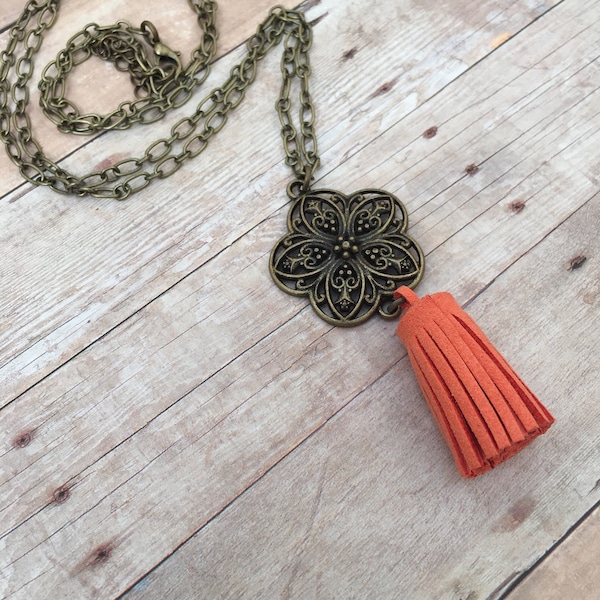 Burnt Orange Bronze Filigree Flower Suede Tassel Diffuser Necklace Essential Oil Aromatherapy