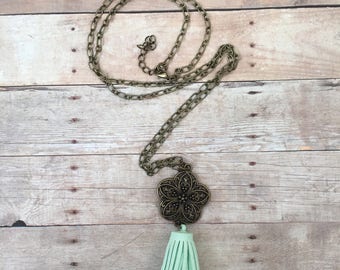 Sea Foam Green Bronze Filigree Flower Suede Tassel Diffuser Necklace Essential Oil Aromatherapy