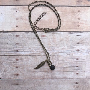 Feather Dainty Bronze Antique Bronze Essential Oil Diffuser Pendant Necklace Lava Stone Necklace Essential Oil Necklace Diffuser Necklace