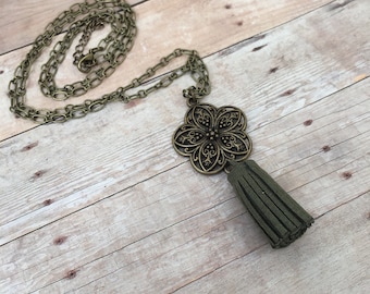 Forest Green Bronze Filigree Flower Suede Tassel Diffuser Necklace Essential Oil Aromatherapy