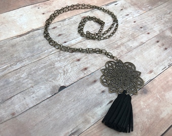 Royal Blue Bronze Filigree Large Flower Suede Tassel Diffuser Necklace Essential Oil Aromatherapy