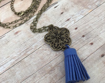 Blue Bronze Filigree Flower Suede Tassel Diffuser Necklace Essential Oil Aromatherapy