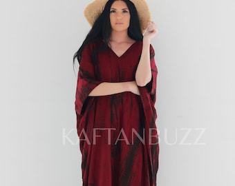 wine red Tie Dye Caftan Dress: Boho Beach Cover Up, Resort Wear