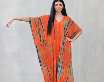 Orange and Blue Tie Dye Kaftan Dress For Women, Plus Size Caftan, Mexican Kaftan, Fall Style, Moroccan Kaftan, African Kaftan Dress