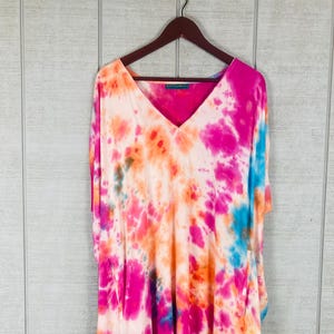 Sunset Carnival Hand-Dyed Boho Kaftan, plus sized mumus, caftan,Tie-Dye mumu dress, color splash dress, long maxi dress, fuchsia dress