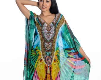 Vibrant Green Butterfly Kaftan Dress, Plus Size Caftan, Bohemian Maxi Dress, mexican dress,  boho - beach Kaftans for Women, African dress