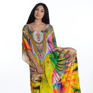 Colorful rainbow maxi caftan dress in bohemian style.