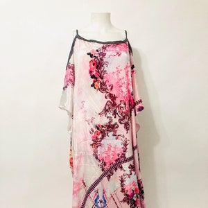 Vintage-inspiriertes Rosa Boho Kaftan Kleid, 70er Jahre Glam Resort Wear Plus Size Kaftan, Boho Maxi Kleid, mexikanisches Kleid, Fließendes Retro Lounge Kleid