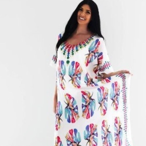 Christmas Gift Plus Size Short Length Sheer Kaftan Digital Printed Beach Dress 