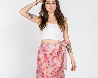 Pink floral organza wrap around maxi skirt for beach and vacation, ready to ship