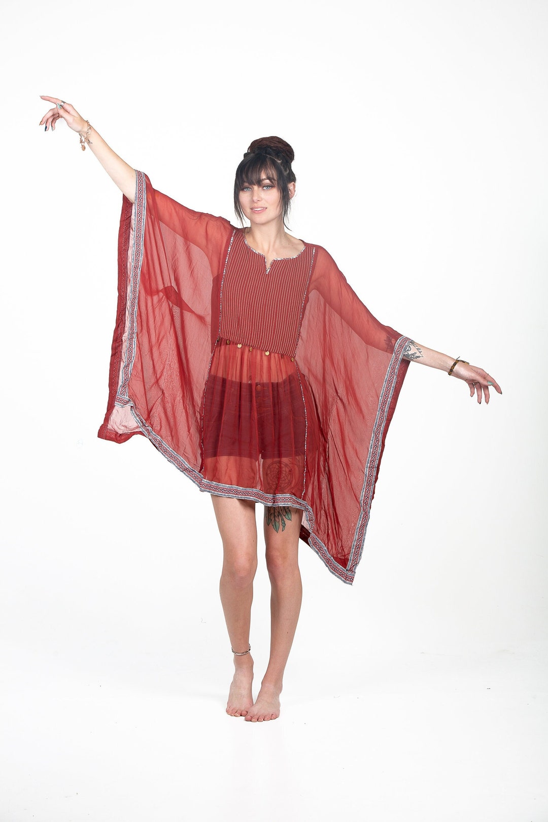 Roar Abstract Sheer Short Kaftan Dress - Red & Multicolor Beach Cover Up