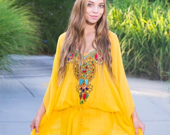 Mexican Dress For Women, Kaftan Tunic Mexican Wedding Dress, Short Kaftan, Boho Midi Dress, Yellow Tunic Dress, Hippie Clothing, Bridesmaid