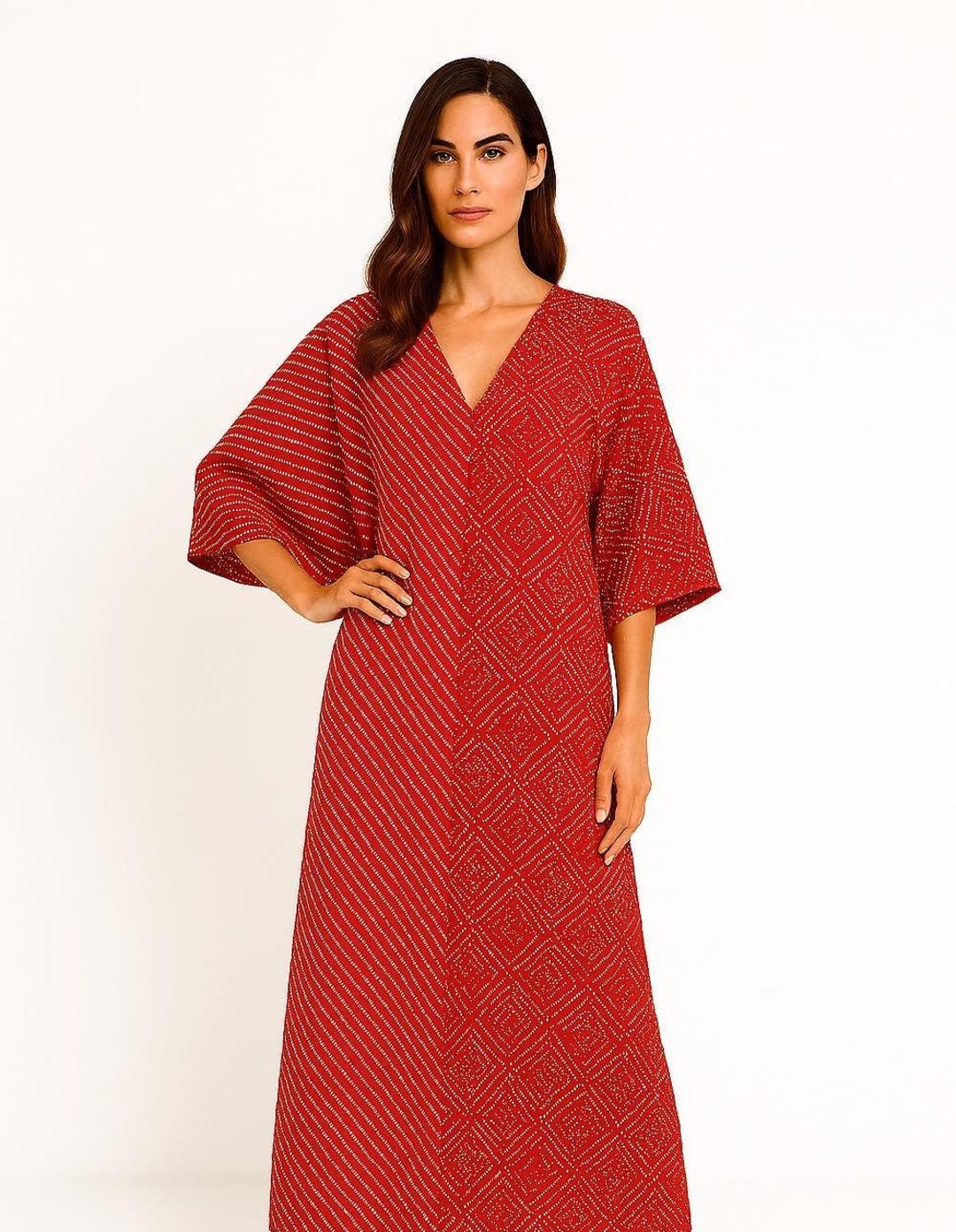 Women Beige & Red Floral Kaftan Dress