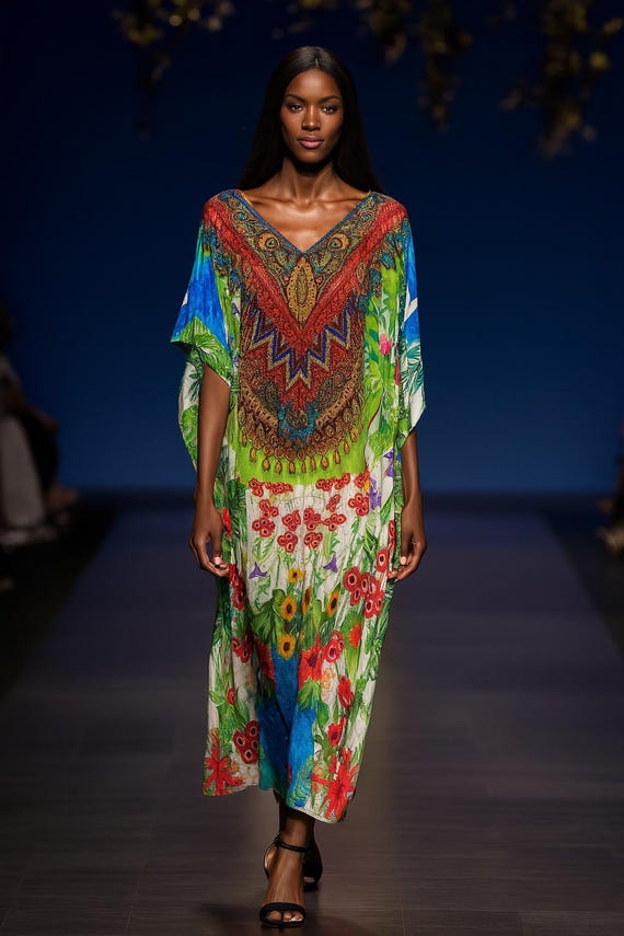 Tropical Garden Caftan, plus size kaftan for women, Flowy Boho Maxi Dress beach Kaftans for Women, silky kaftan, beach coverup