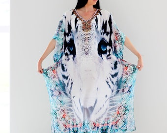 Kaftan, Djellaba mit Tiger, Stammes-Kaftan-Kleid, Plus-Size-Kaftan, verzierter Kaftan, Boho-Hippie-Kleid, orientalisches Kleid, Hipster-Kaftan