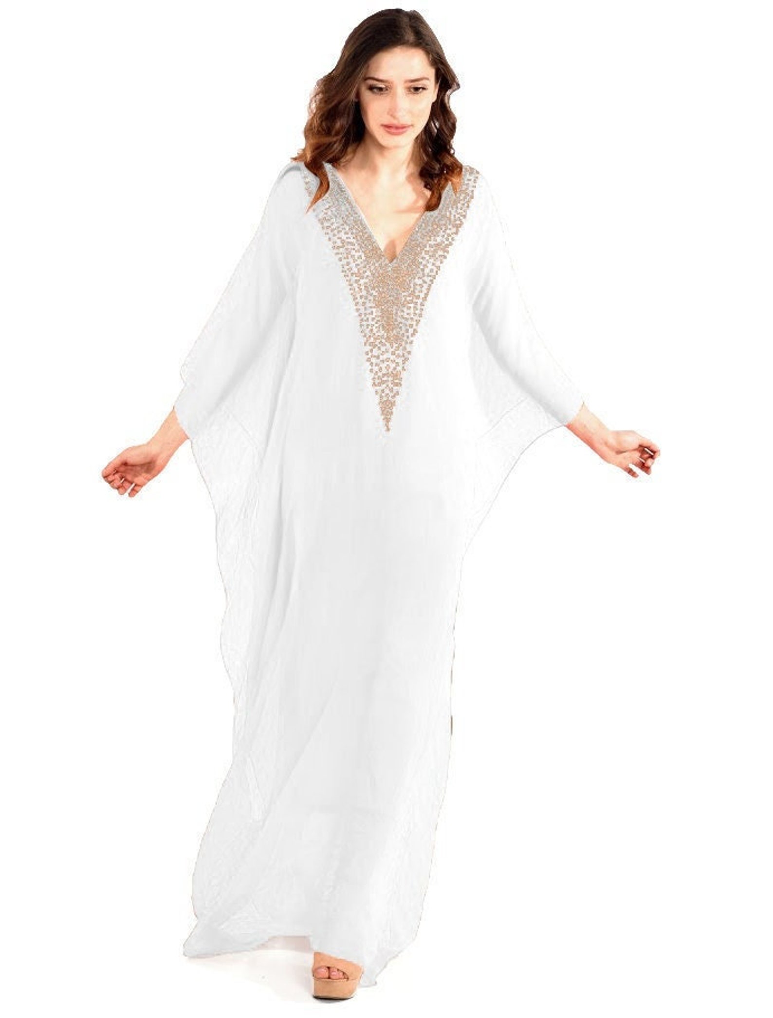 Effective Embroidered Full Length Kaftan Dress-White main image 1