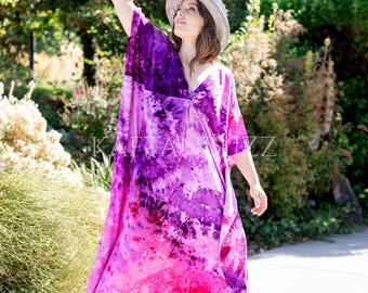 Purple pink Plus Size Kaftan Dress for Women, Boho Caftan handmade Clothing, Tie Dye Kaftan, Cotton Mumu rainbow Kaftans Lounge or Beach