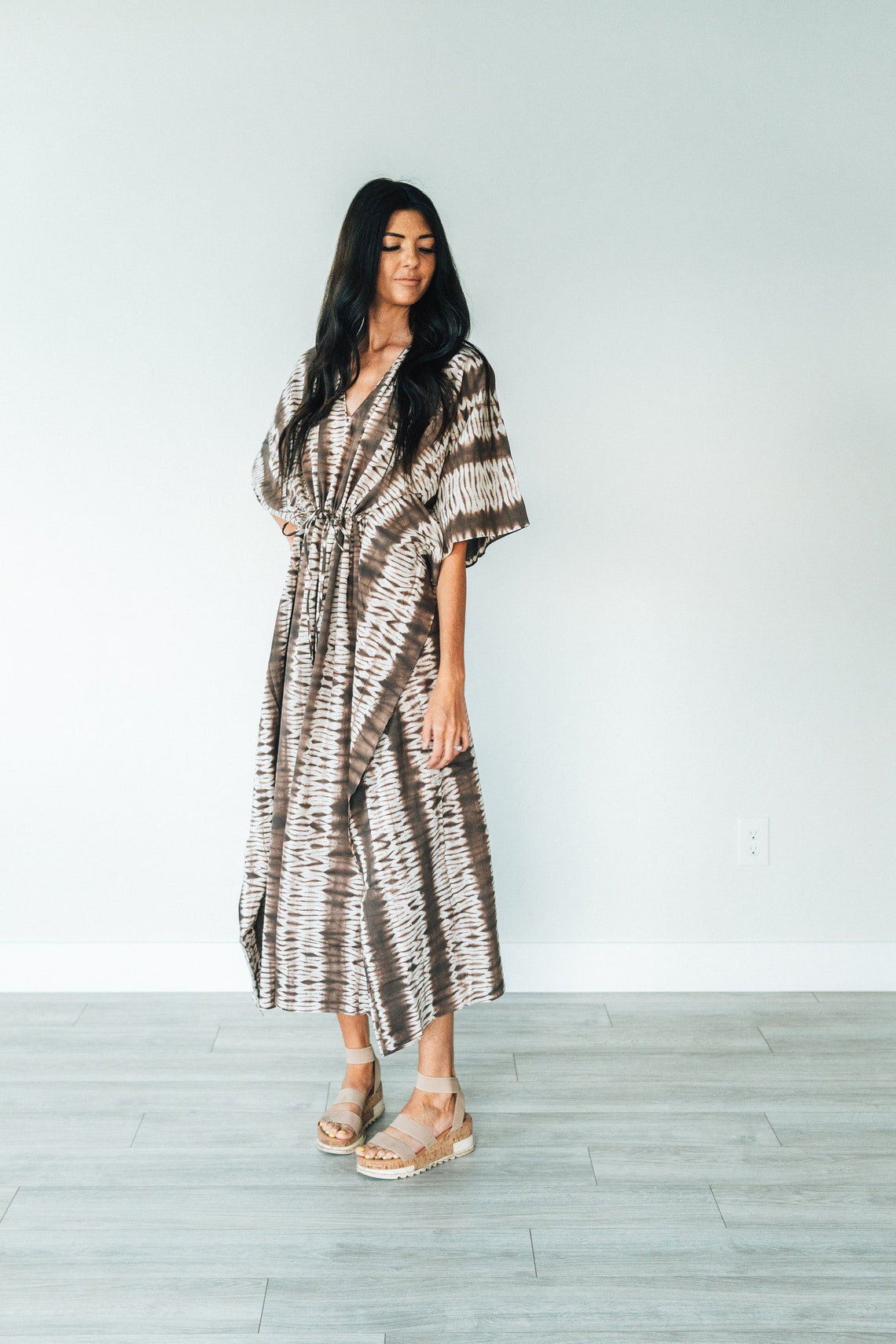 Brown - Shibori Tie-Dye Cotton Kaftan with Tie-Up Waist (Medium)